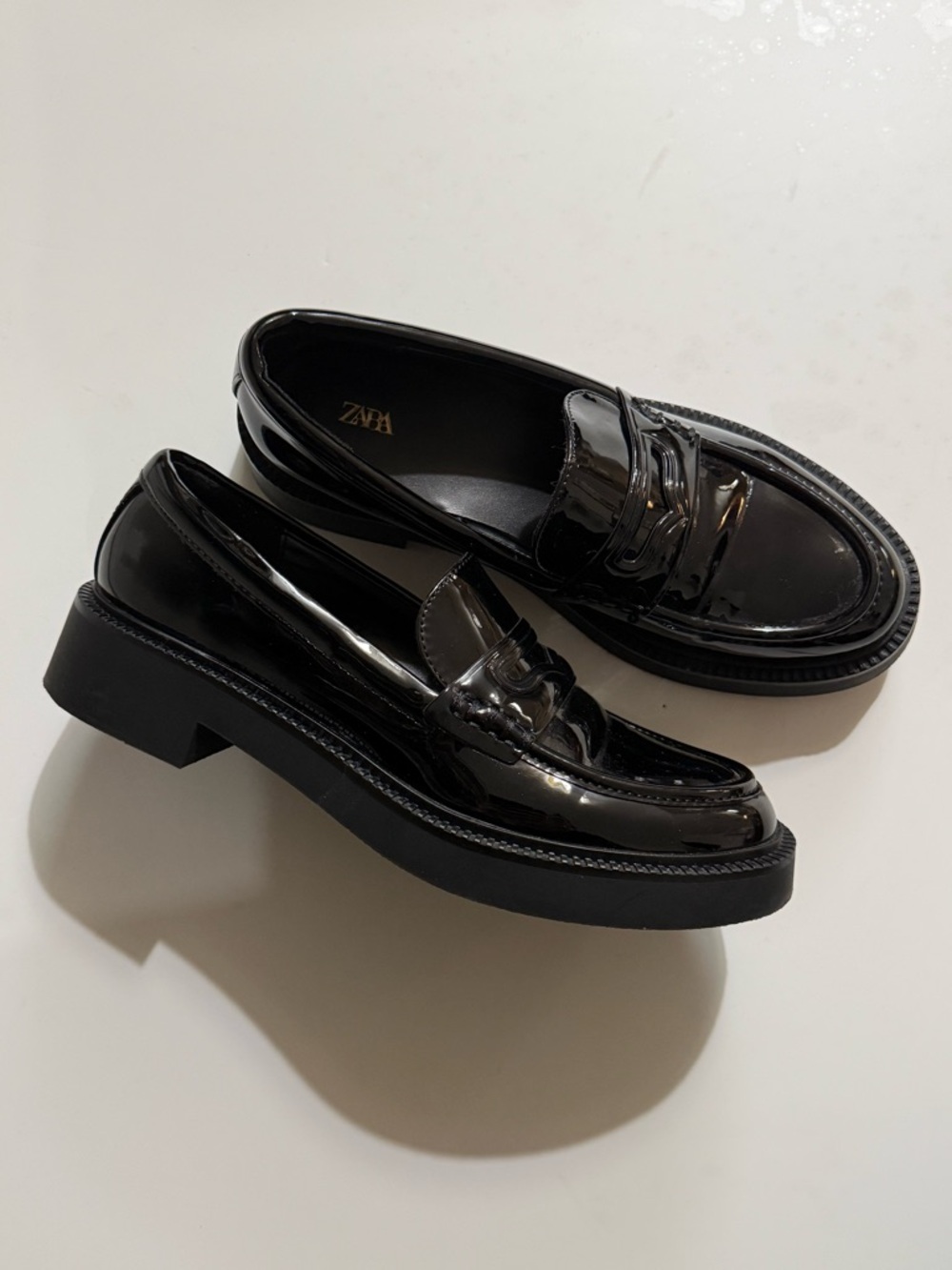 Zara Black Patent Leather Loafers with Chunky Sole